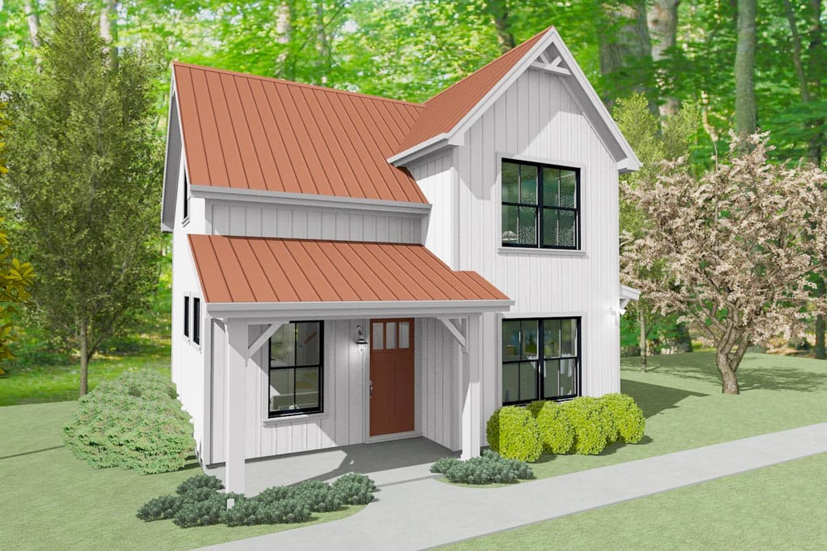 Modern Farmhouse house plan exterior with white vertical siding, a covered front porch, and a metal roof.