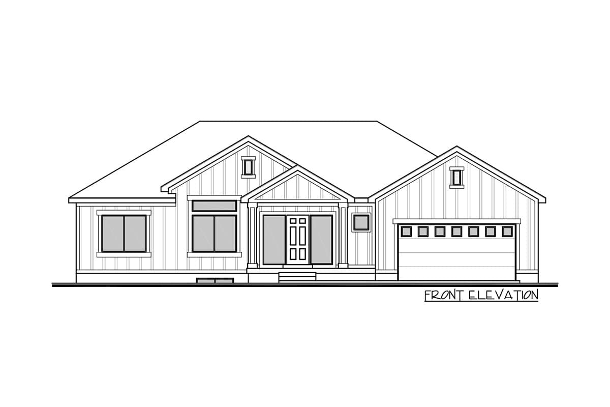 Front elevation drawing of a single-story house plan with a gabled roof, board and batten siding, and an attached garage.