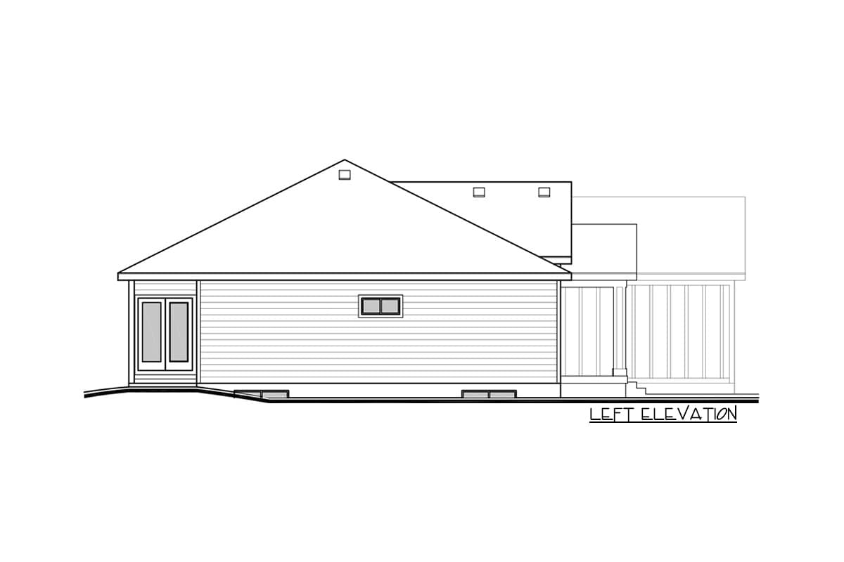 Left elevation of house plan showing a single-story structure with double doors, a hip roof, gabled dormers, and a covered porch.