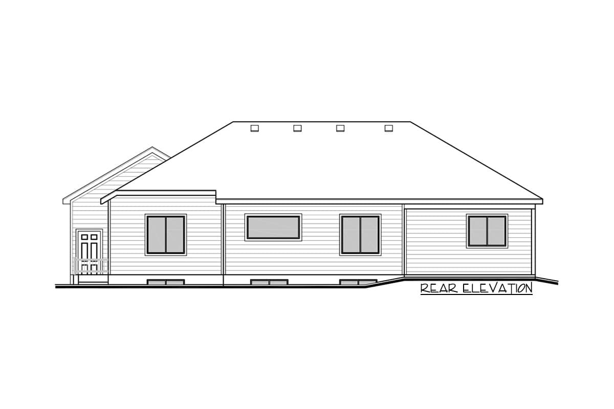 Rear elevation drawing of a single-story house plan with a gabled entry porch and horizontal siding.