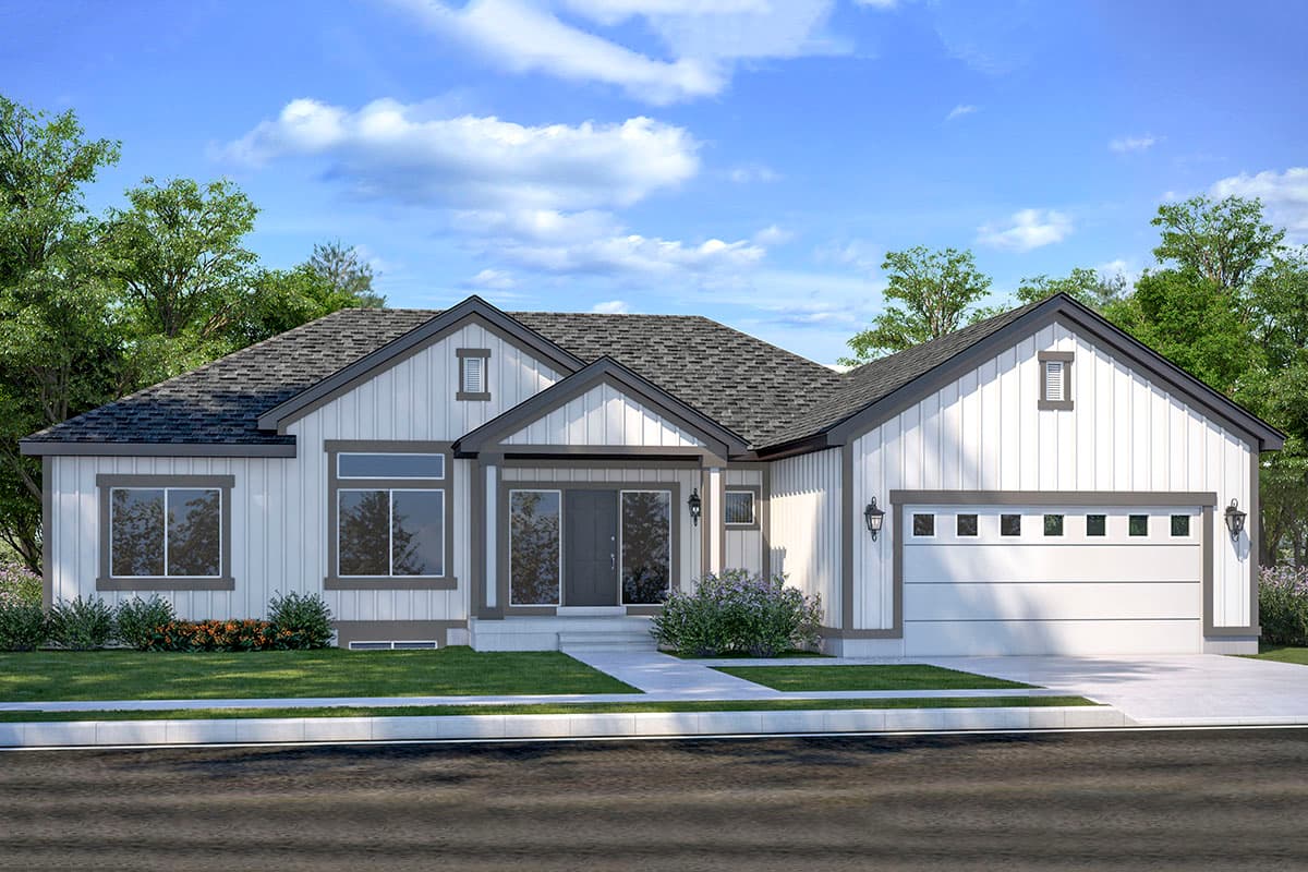 House plan exterior with board and batten siding, multiple gables, and a garage with a front-facing orientation. Windows have dark trim.