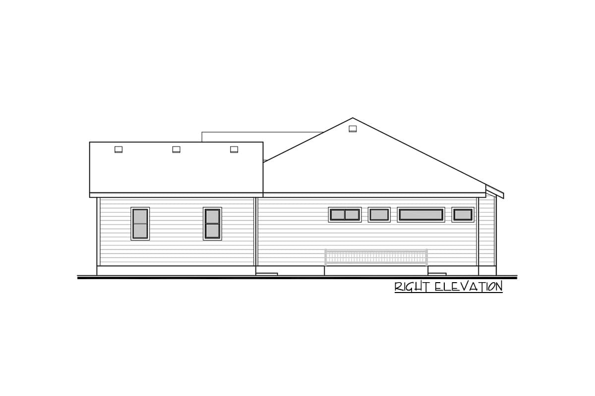 Right elevation house plan drawing with horizontal siding, multiple windows, and gabled roofline.