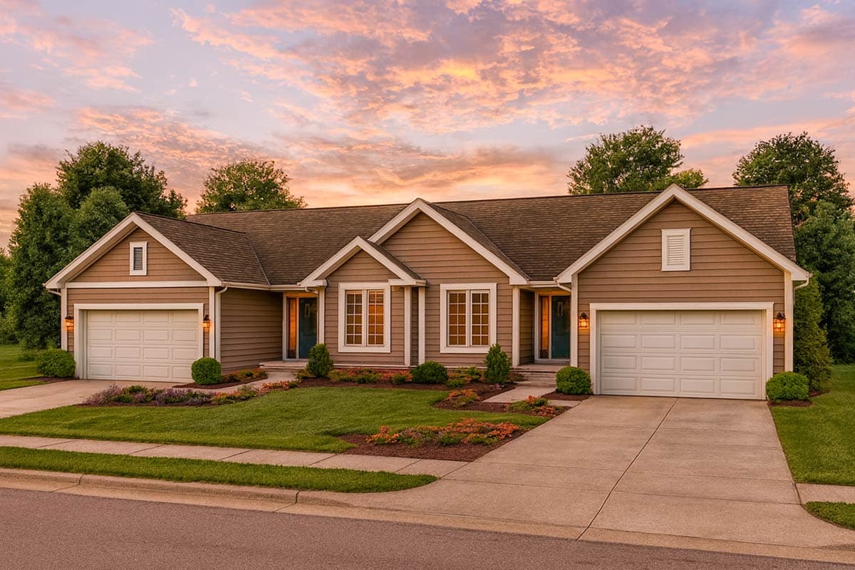 House plan exterior with two attached garages, gabled rooflines, and a symmetrical facade. Features include vertical siding and a concrete driveway.