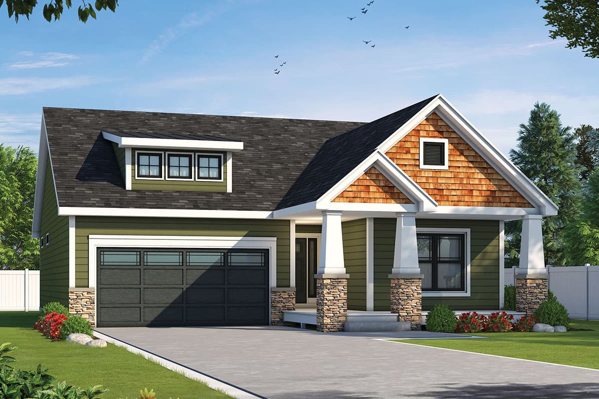 House plan exterior with Craftsman style, single story, and a front-facing garage. Features include a gabled roof, dormer, and columned front porch.
