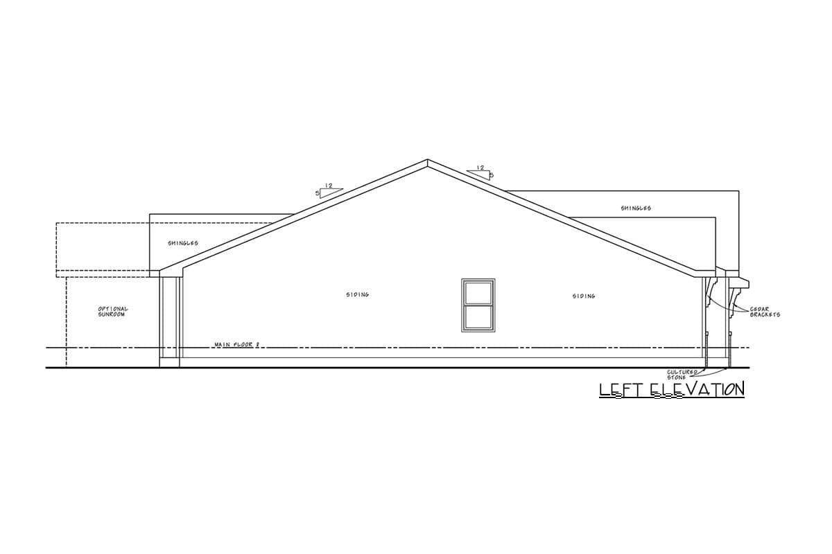 Left elevation of a house plan showing siding, shingles, cedar brackets, an optional sunroom, and a main floor line.