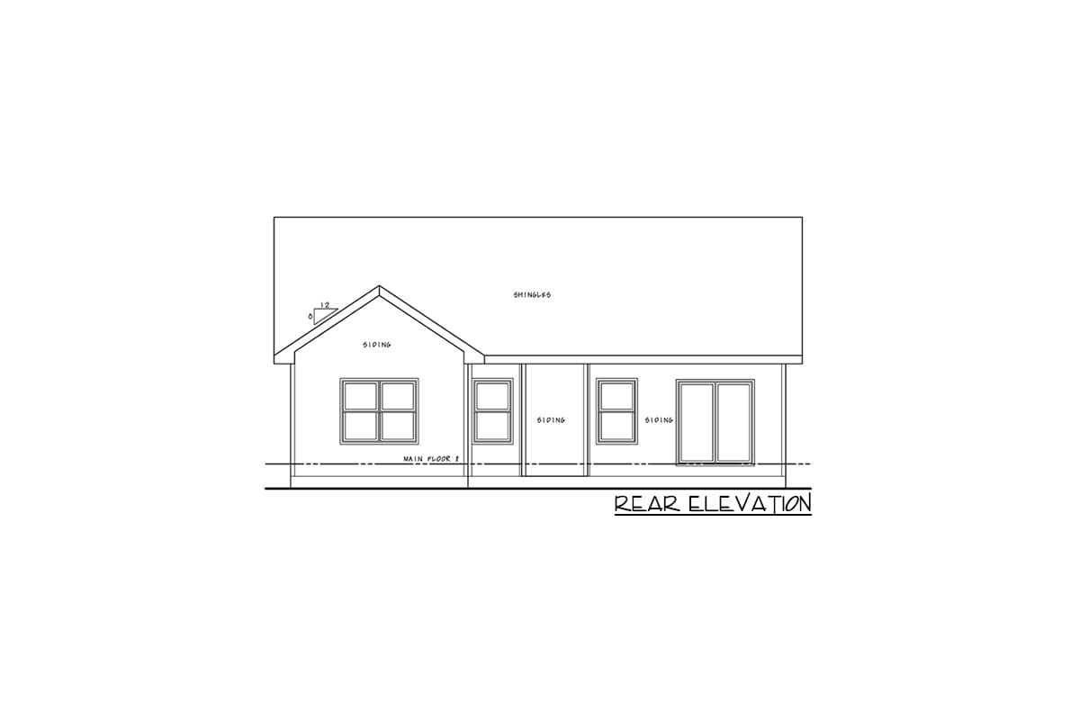 Rear elevation drawing of a one-story house plan with siding, a gable roof, and three windows.