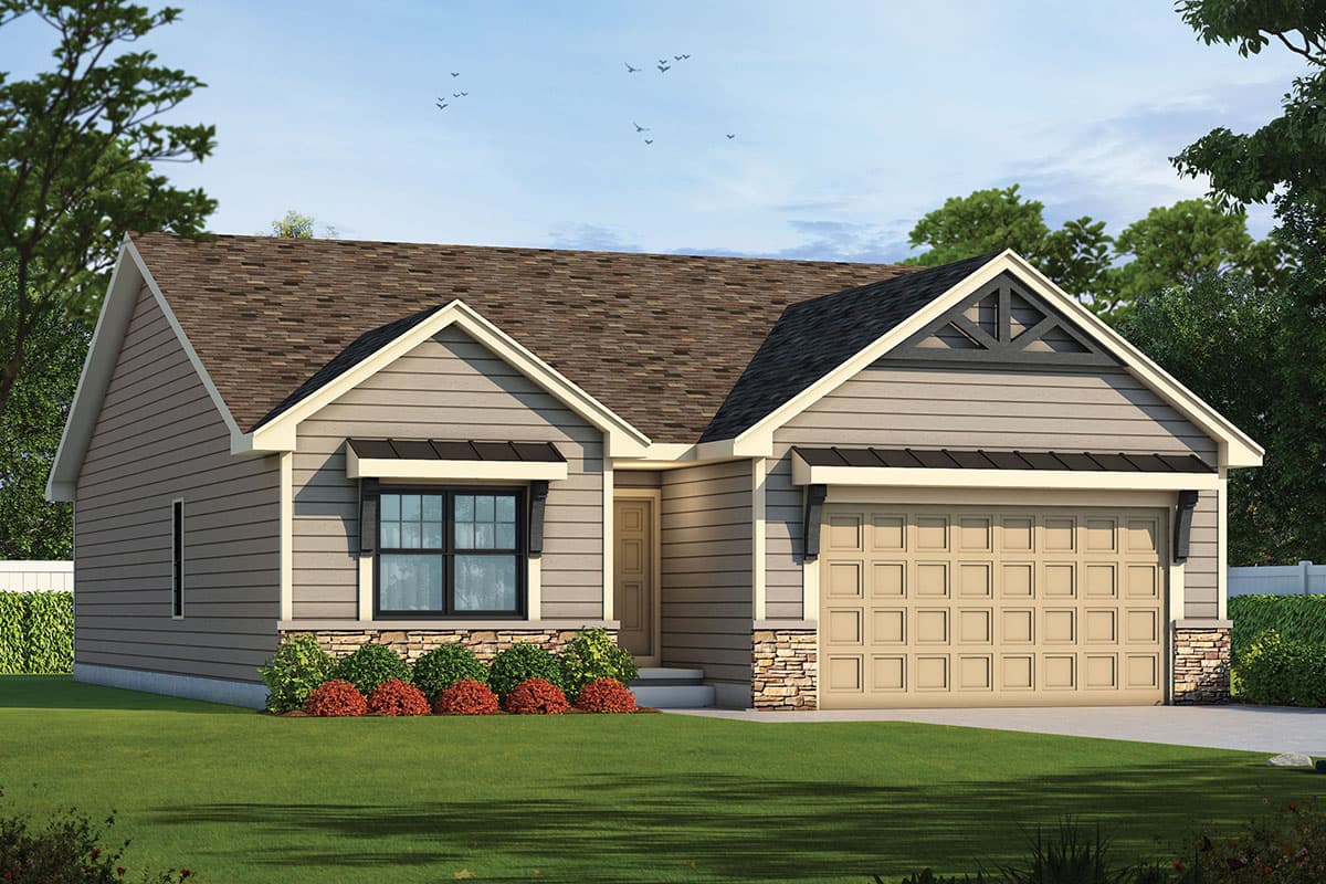 House plan exterior. Ranch style with a gabled roof, garage, and stone accents. One story house with a covered entryway.