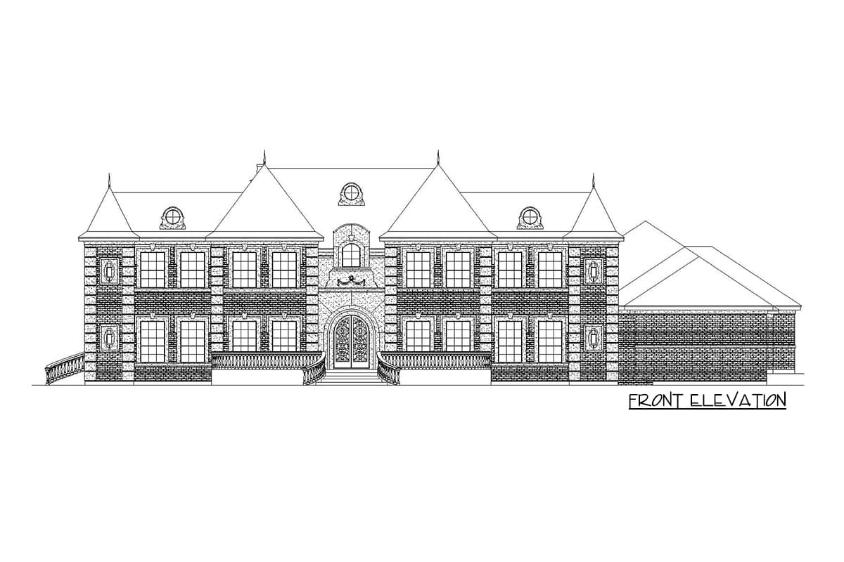 Front elevation drawing of a two-story brick house with mansard roof, arched entryway, and multiple gables.