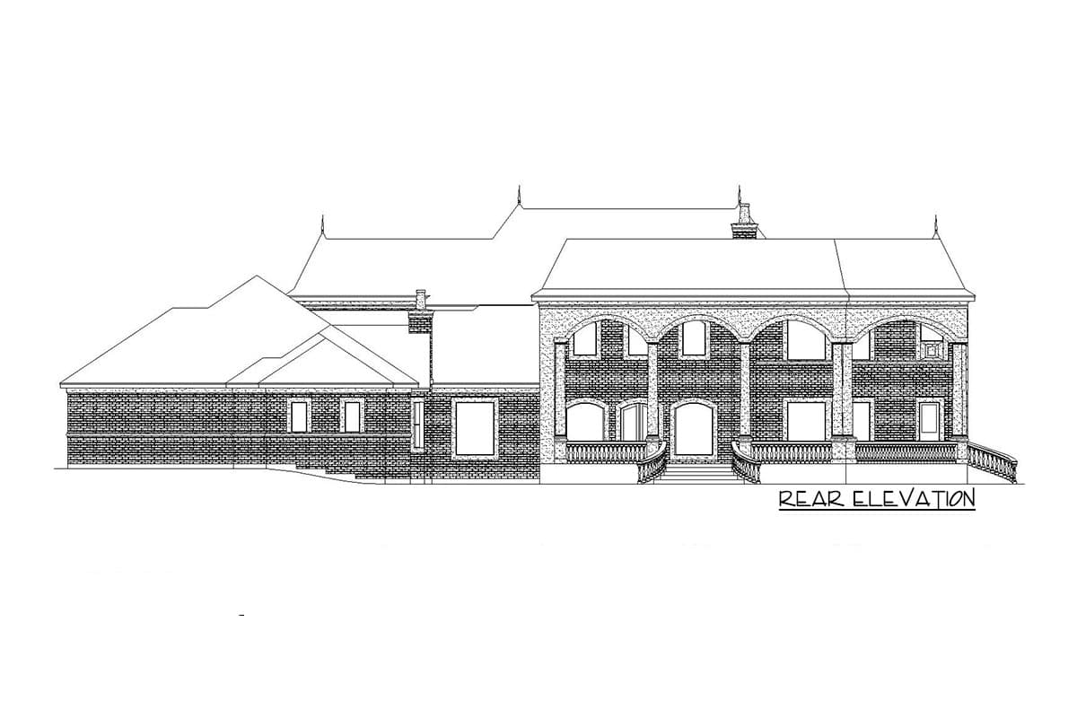Rear elevation drawing of a large house featuring arched windows, a covered porch with columns, and varied rooflines.