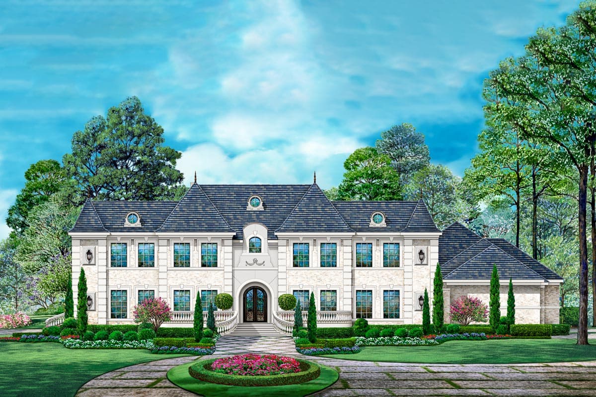 House plan exterior. Two-story French style home with hipped roof, dormers, and a prominent arched entryway.