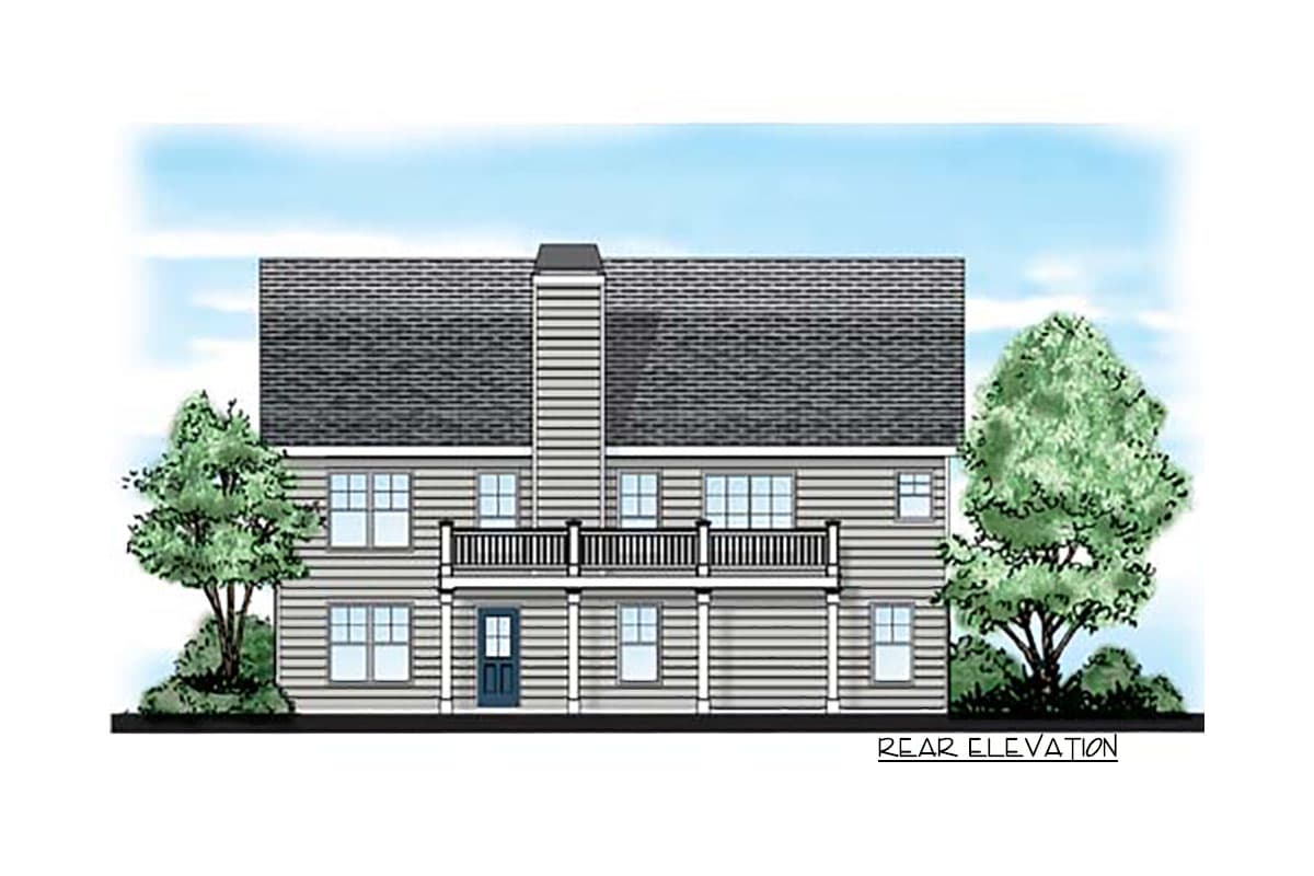 Rear elevation house plan showing a two-story home with siding, a central chimney, and a second-story balcony.