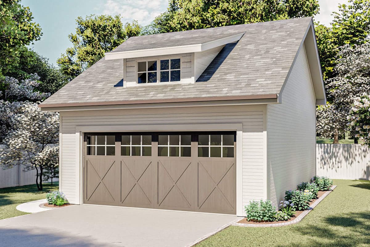 House plan exterior. Garage with gable roof, dormer window, and cross-buck garage door. Two-story structure with asphalt shingle roof.