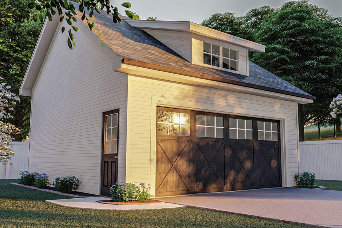 House plan exterior with white siding, gambrel roof, dormer window, and dark wood garage door with glass panes.
