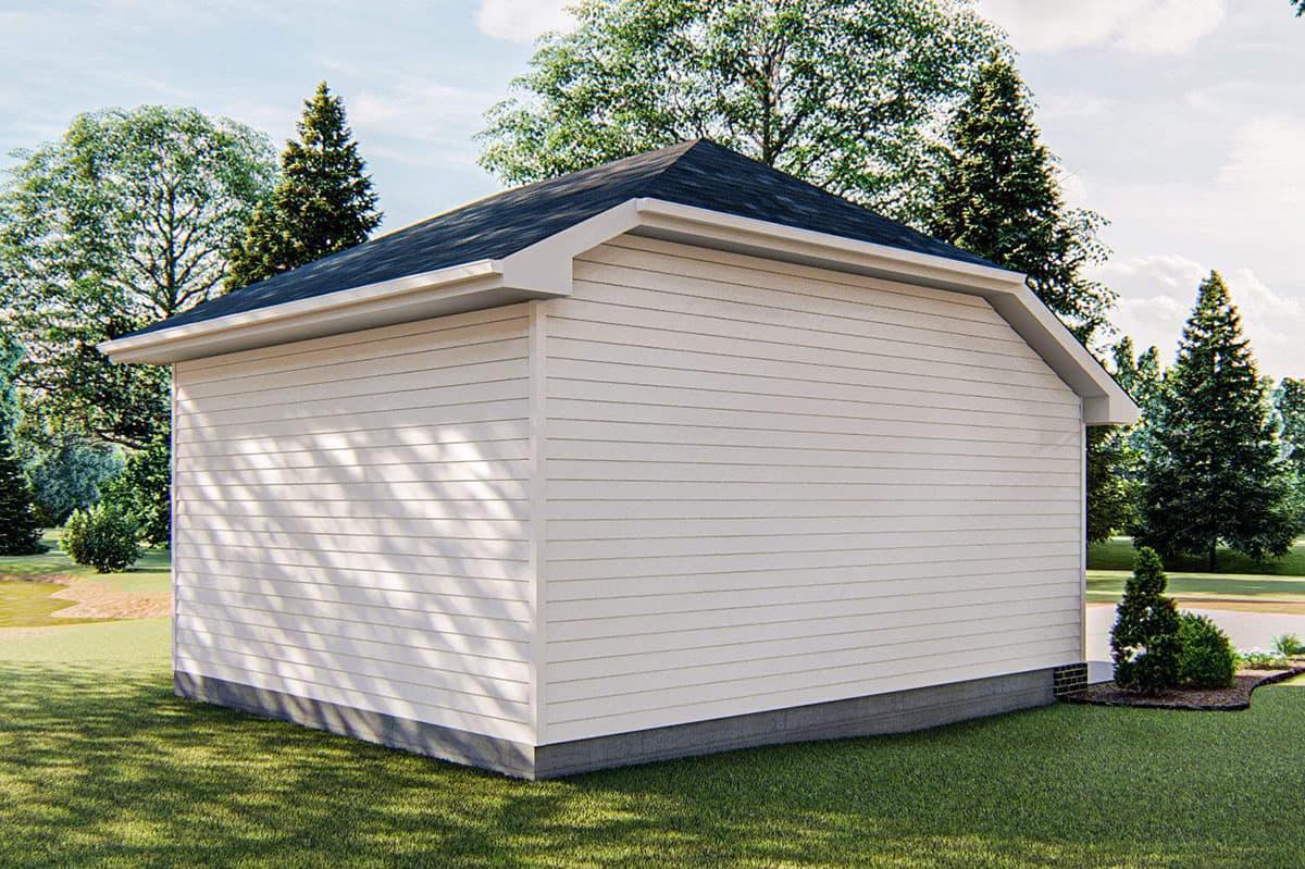 House plan exterior: A simple, one-story structure with horizontal siding, a gable roof, and a visible foundation.