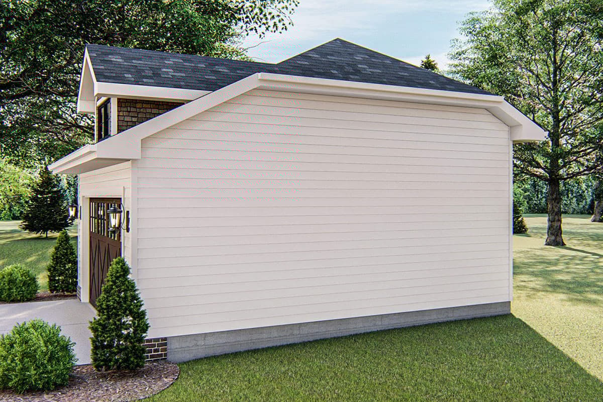 House plan exterior rendering shows a two-story garage with white siding, gable roof, and a wood garage door with windows.