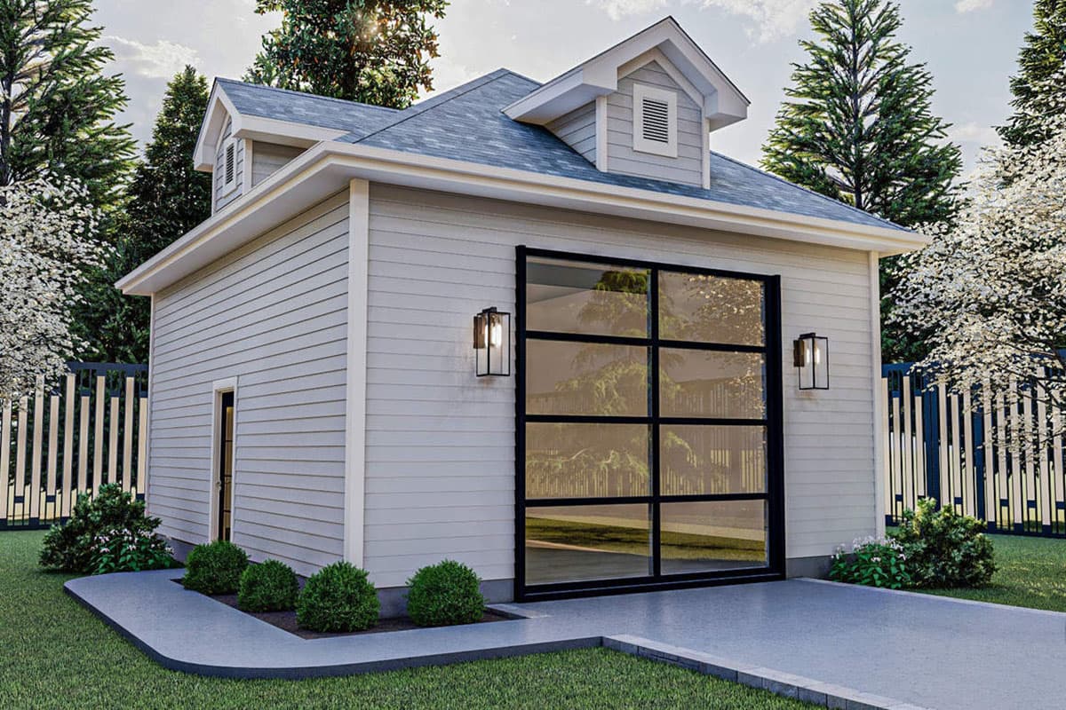 House plan exterior with two-story design. Features include a gable roof, dormer, and glass garage door.