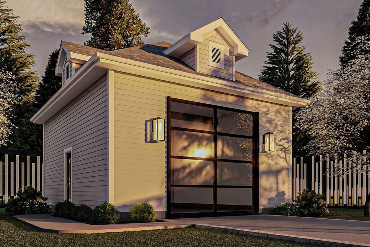 House plan exterior rendering of a one-story Modern Farmhouse style garage with horizontal siding, gable dormer, and modern glass garage door.