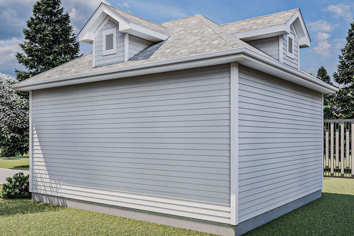 House plan exterior: two-story home with gabled dormers, vinyl siding, and asphalt shingle roof.