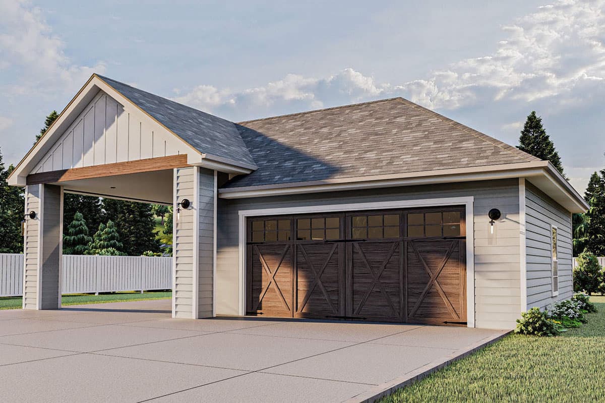 House plan exterior with two-car garage. Features include a gable roof, covered entry, and board and batten siding.
