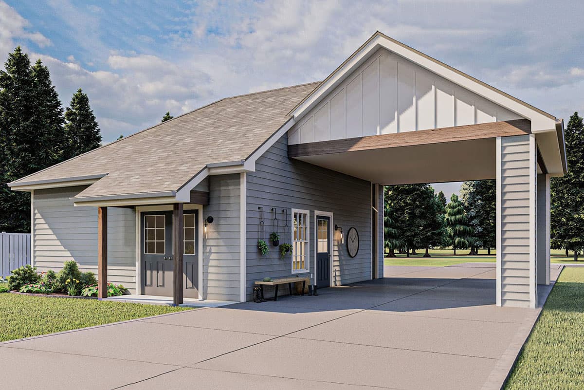 House plan exterior: A single-story home with a gabled roof, covered porch, and attached carport with vertical siding.