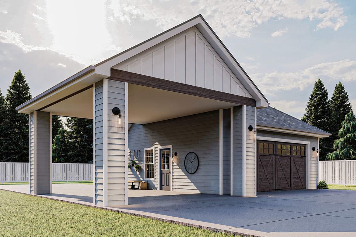 House plan exterior with covered carport, siding, gabled roof, and attached garage with dark wood doors.