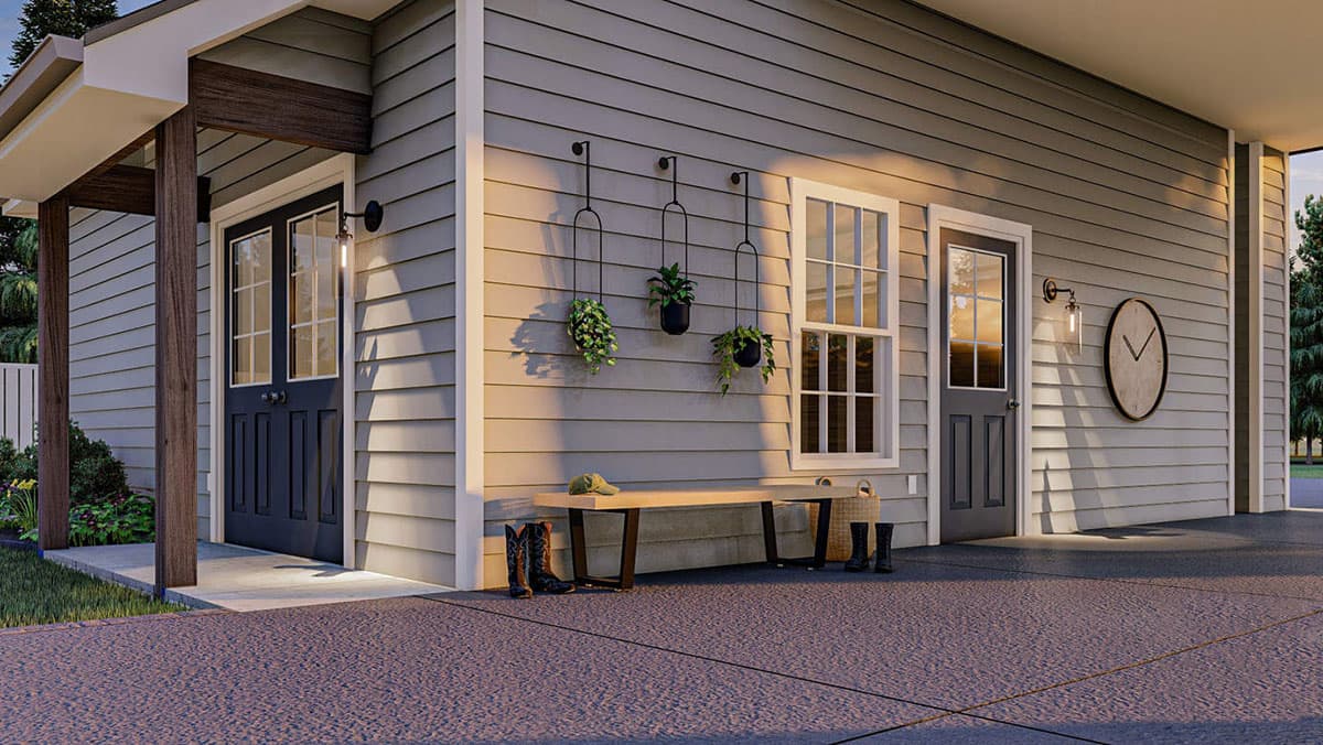 House plan exterior: Modern Farmhouse style with horizontal siding, covered entry with wood beams, double door, and window.