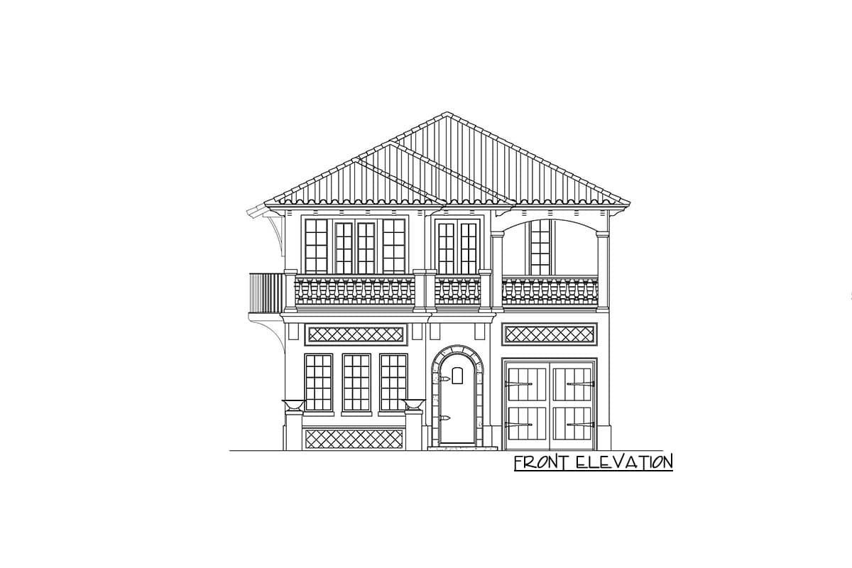 Front elevation drawing of a two-story house with a tiled hip roof, balconies, arched entryway, and garage.