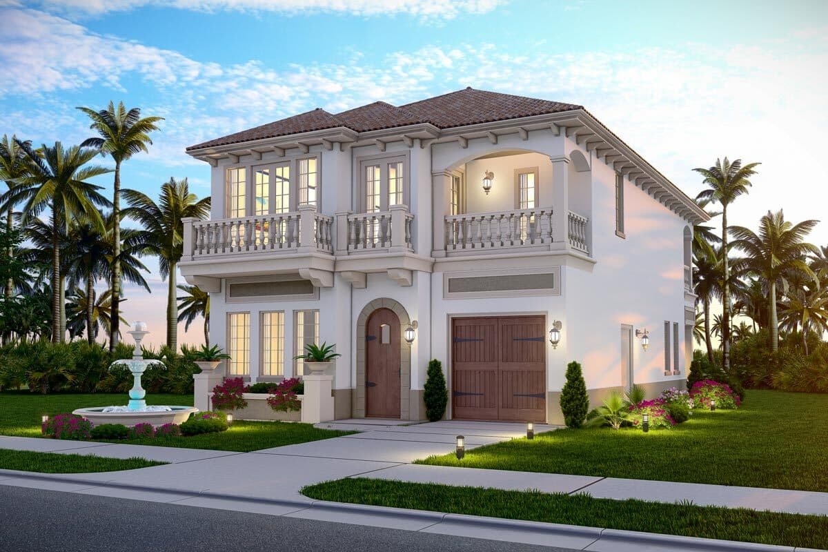 House plan exterior, two-story Mediterranean style. Features include balconies, arched entry, and a side-entry garage. Brown tile roof.