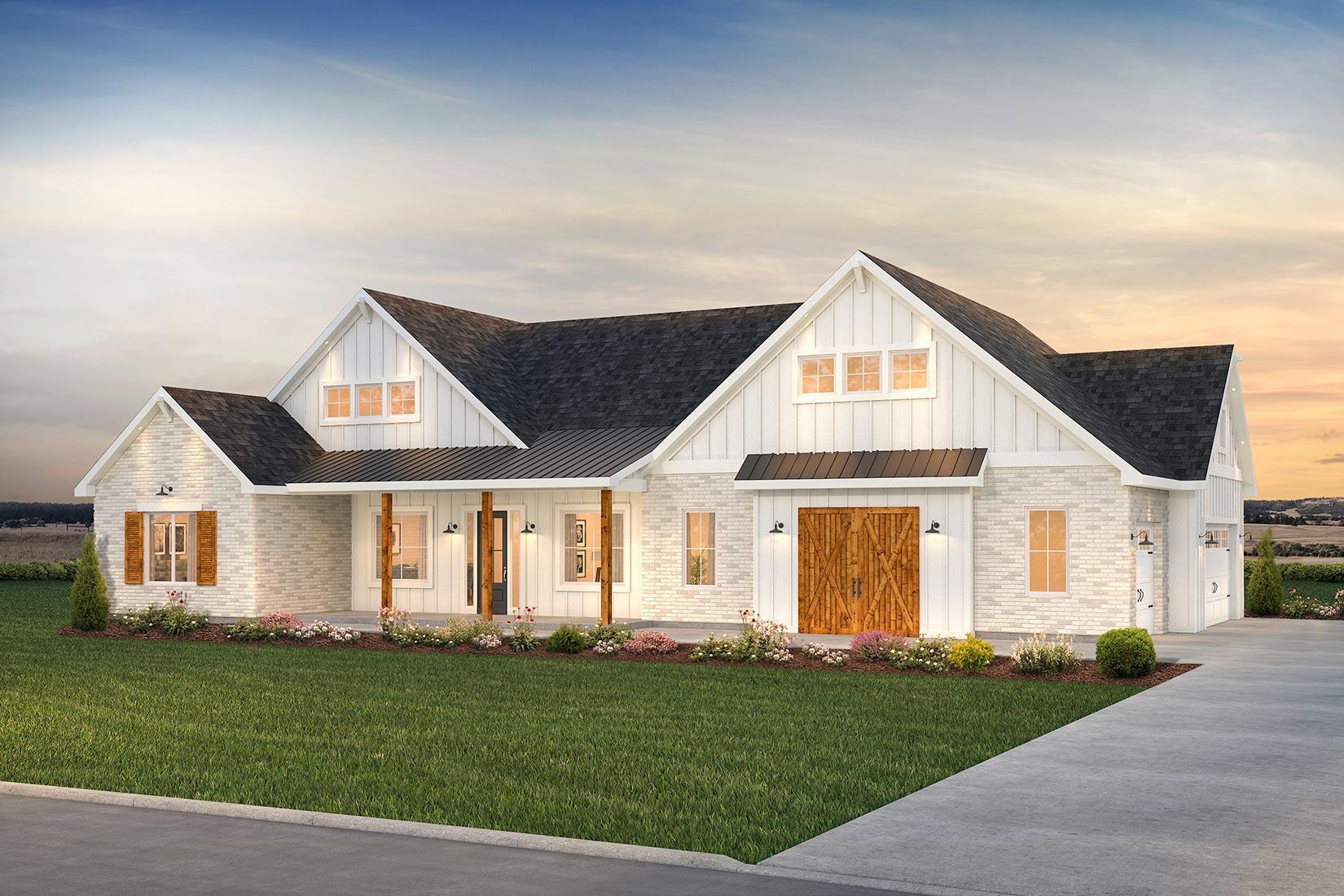 Modern Farmhouse house plan exterior with white brick, gable dormers, a covered porch with wood columns, and double barn doors.