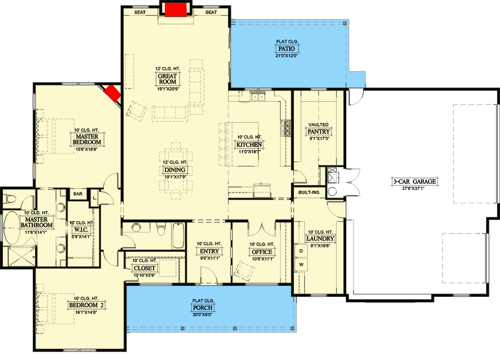 Plan 365005PED: Exclusive Open Concept 2-Bed New American Farmhouse with Home Office - Floor Plan - Main Level - Country, Craftsman, Farmhouse, Modern Farmhouse, New American, Southern