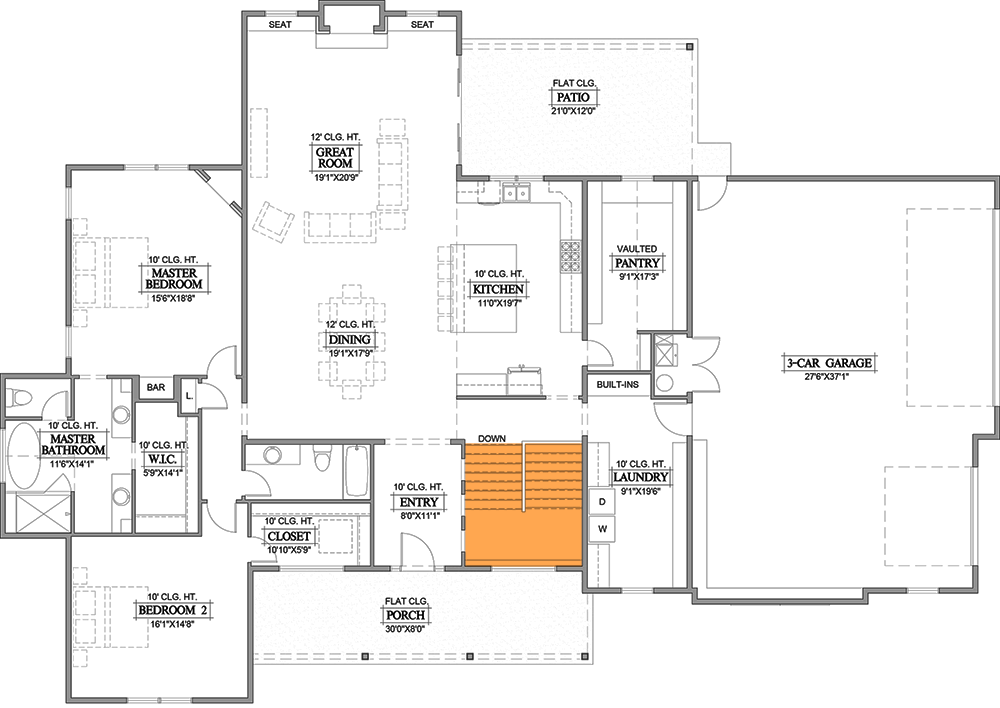 Plan 365005PED: Exclusive Open Concept 2-Bed New American Farmhouse with Home Office - Floor Plan - Basement Stair Location - Country, Craftsman, Farmhouse, Modern Farmhouse, New American, Southern