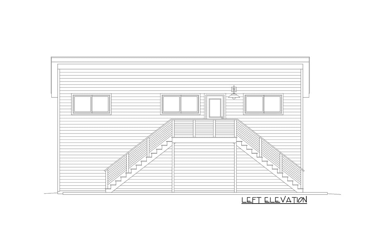 Left elevation drawing of house plan featuring horizontal siding, two windows, a door, and two sets of stairs with railings.