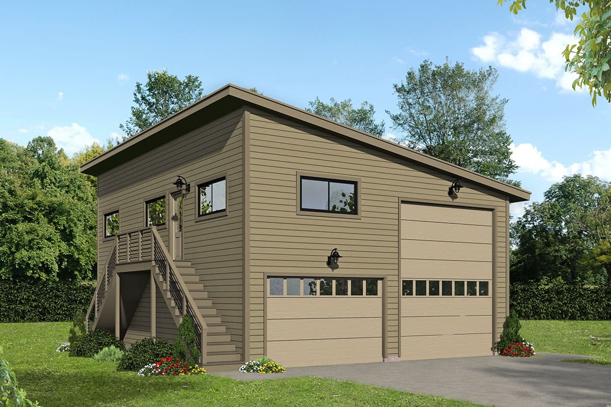 House plan exterior with two stories. Features include a side-entry garage, shed roof, and second-story entry with stairs and a small deck.