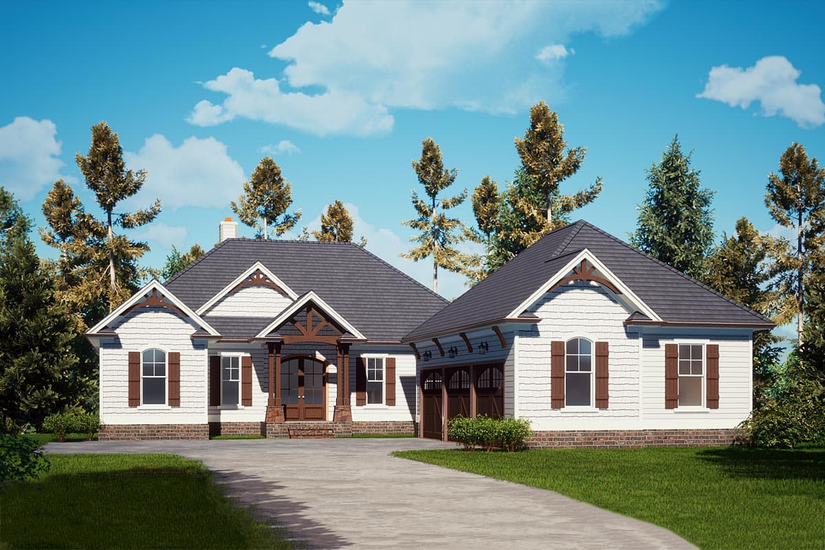 House plan exterior with Craftsman style. Features include gables, a covered porch, and a detached garage with exposed beams.