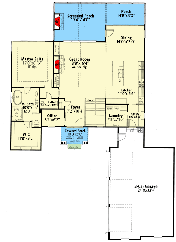 Plan 24412TW: 3-Bed Craftsman House Plan with Exercise Room - 3002 Sq Ft - Floor Plan - Main Level - Country, Craftsman, Mountain, New American, Ranch, Rustic