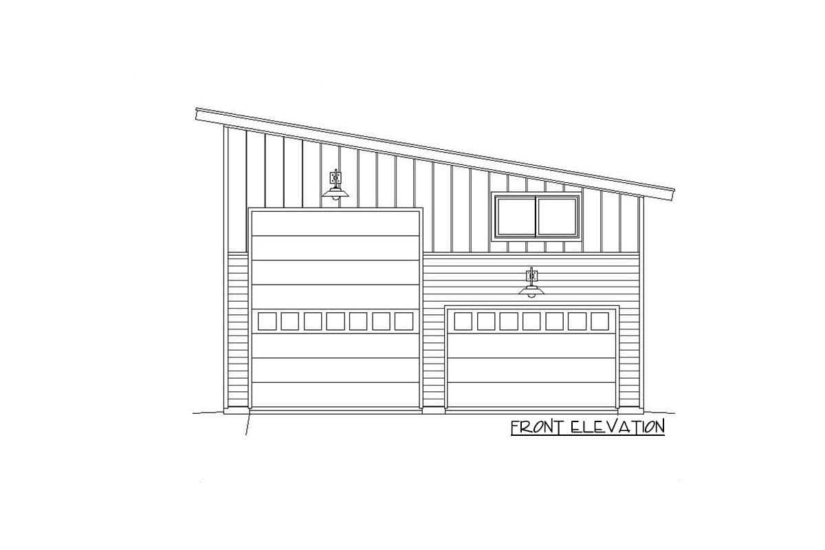 Front elevation drawing of a two-car garage with a single-car garage, a sloped roof, and vertical siding.
