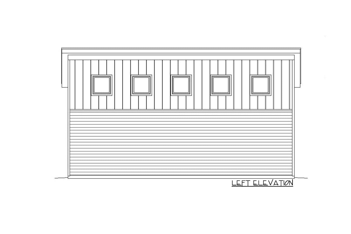 Left elevation drawing of a house with horizontal siding and five square windows above.