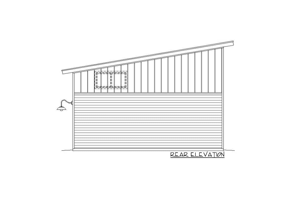Rear elevation drawing of a house with a sloped roof, horizontal siding and one window.