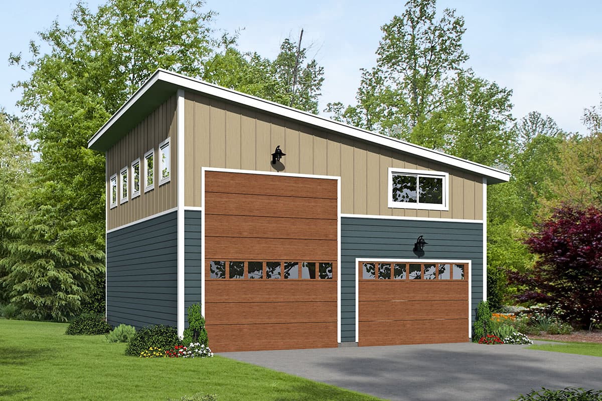House plan exterior. Two-story structure with a shed roof. Features include two garage doors, horizontal siding, and multiple windows.