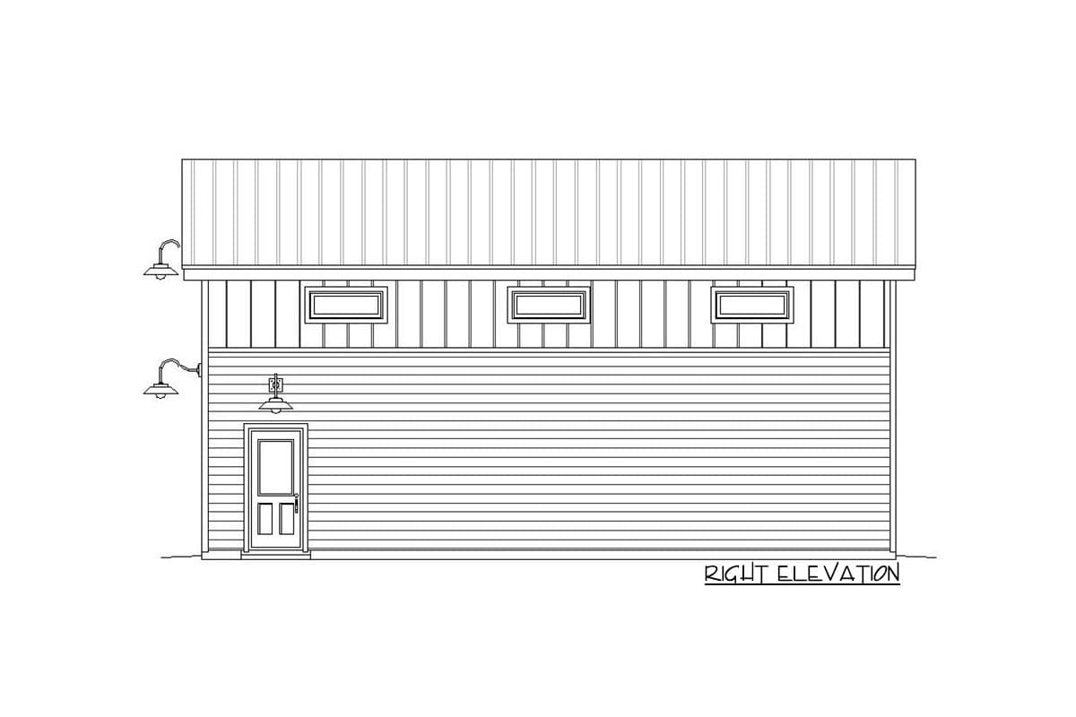 House plan right elevation showing horizontal siding, a central door, three upper windows, and two barn-style exterior lights.