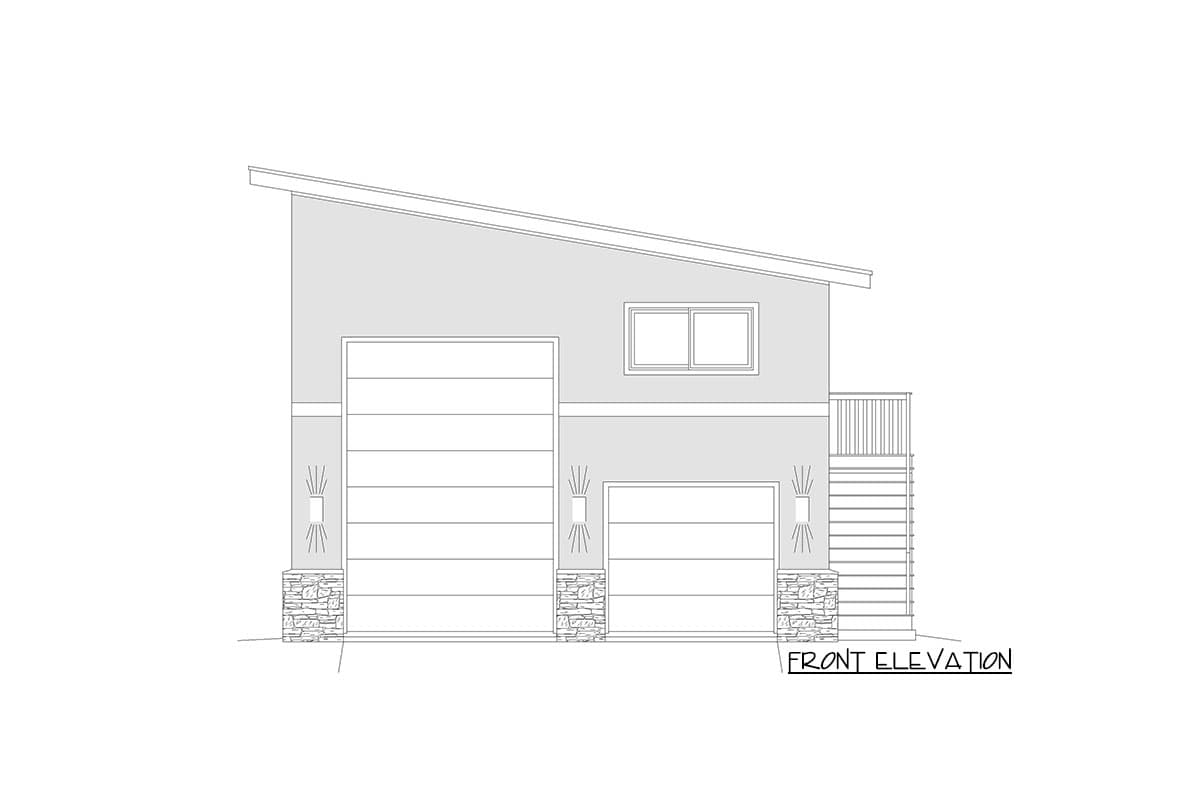 Front elevation drawing of a garage with two bays, a sloping roofline, stone accents, and exterior stairs.