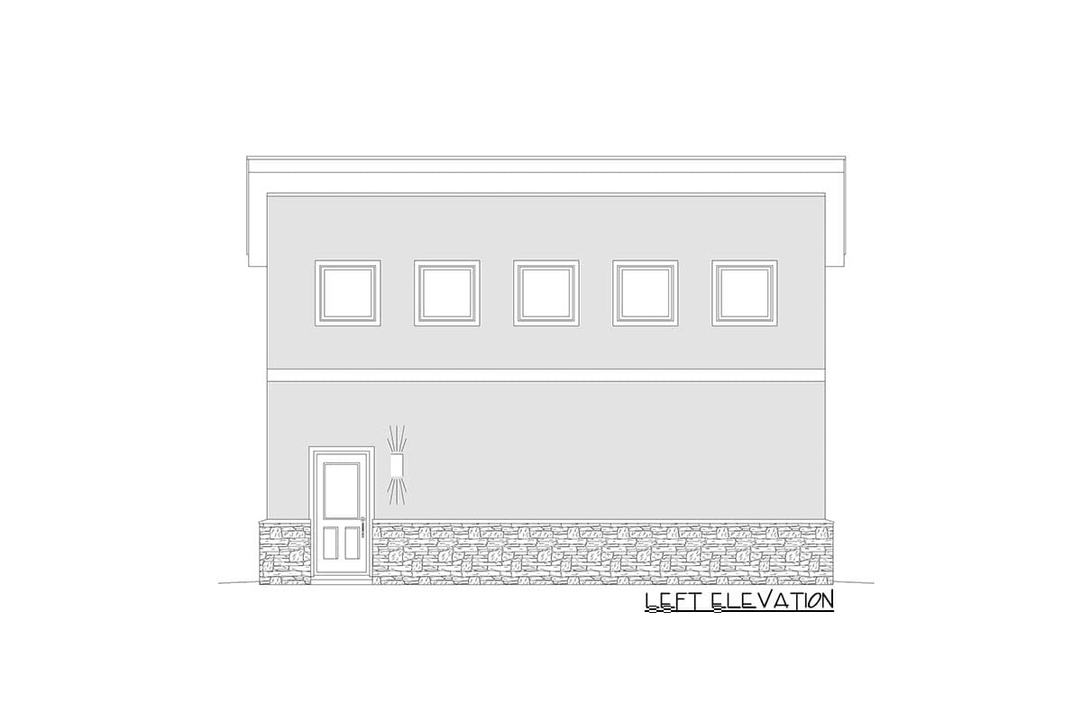 Left elevation drawing of a two-story house plan with stone base, a central door, and multiple upper windows.
