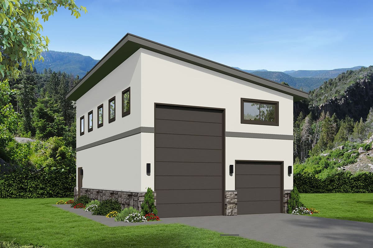 House plan exterior. Two-story Modern style with a single-slope roof. Features include two garage bays and a stone veneer base.
