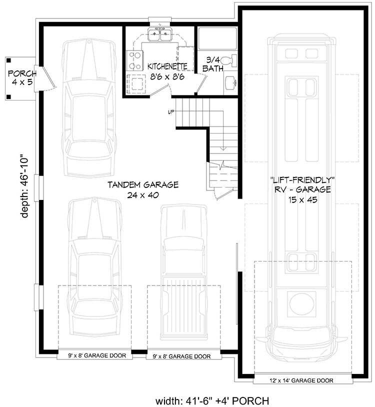 Plan 68669VR: Detached 4-Car / RV Garage with Kitchenette - Floor Plan - Main Level - Southern, Traditional