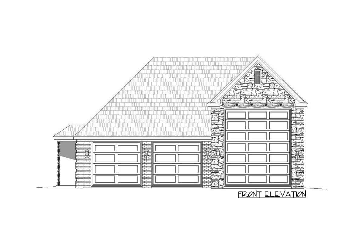 Front elevation house plan drawing of a one-story home with a side-entry three-car garage, brick and stone exterior.