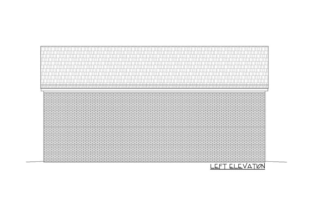 Left elevation house plan drawing with brick exterior wall and shingled gable roof.