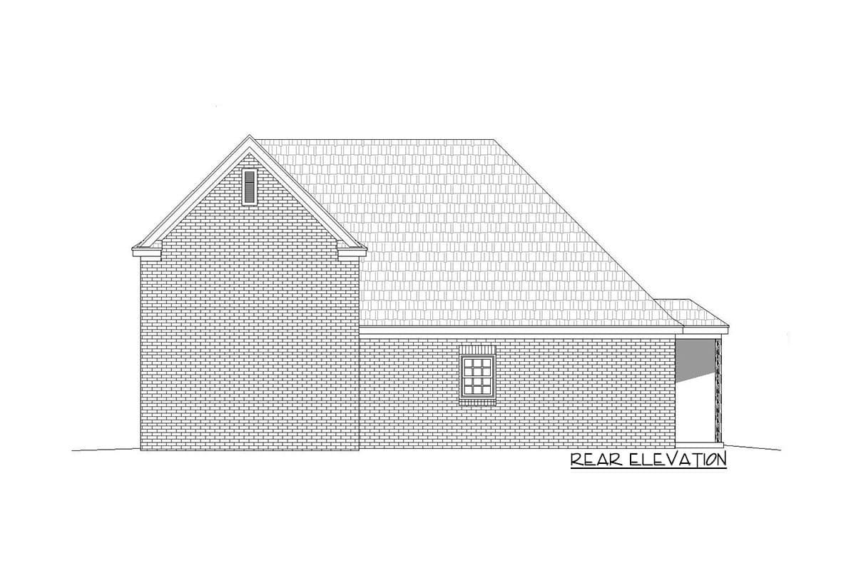 Rear elevation of a house plan showing brick exterior, gabled dormer, and attached garage.
