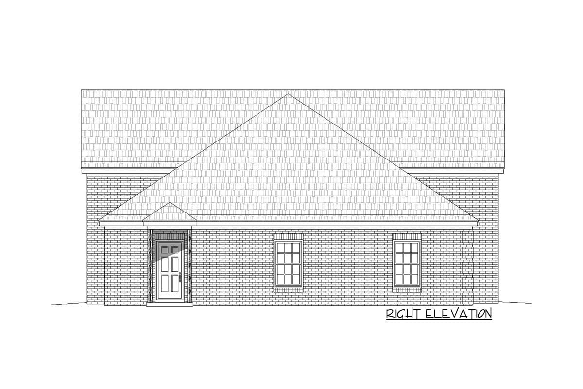 Right elevation house plan showing a brick facade, gable roof, covered entrance with double door, and two windows.