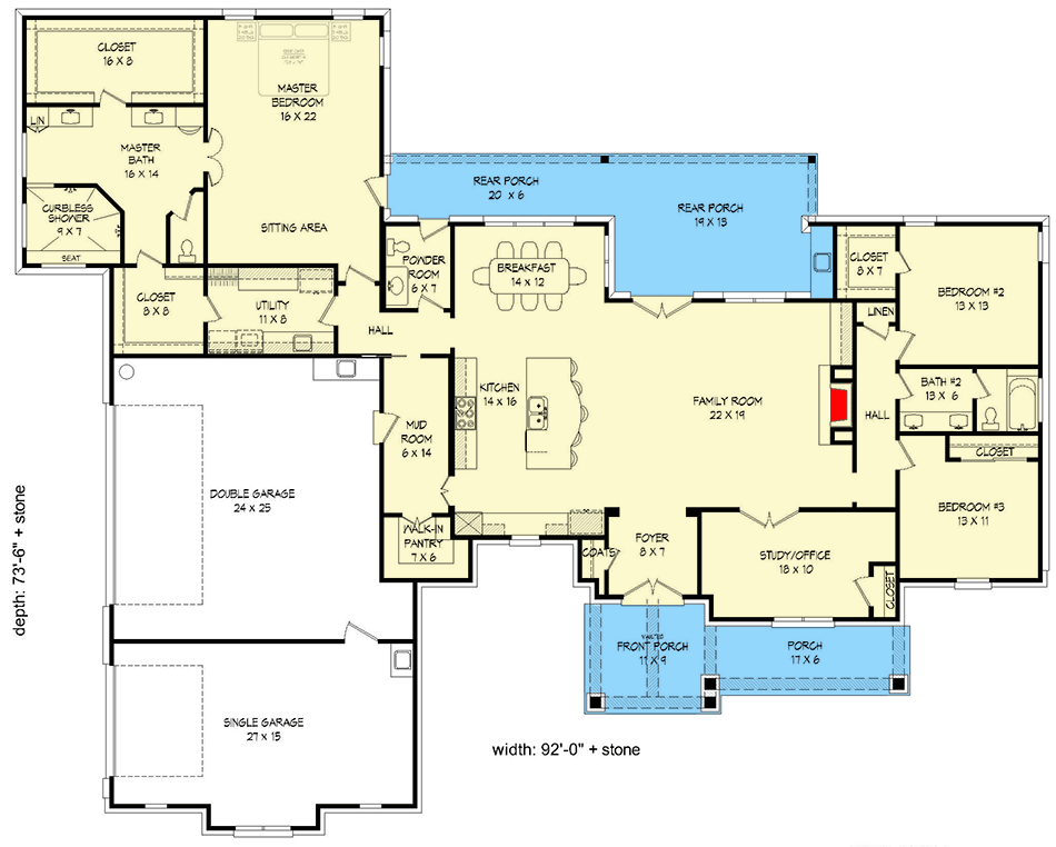 Plan 68673VR: 3-Bed Country Craftsman Plan with Private Master Bedroom - Floor Plan - Main Level - Country, Craftsman, Ranch, Rustic