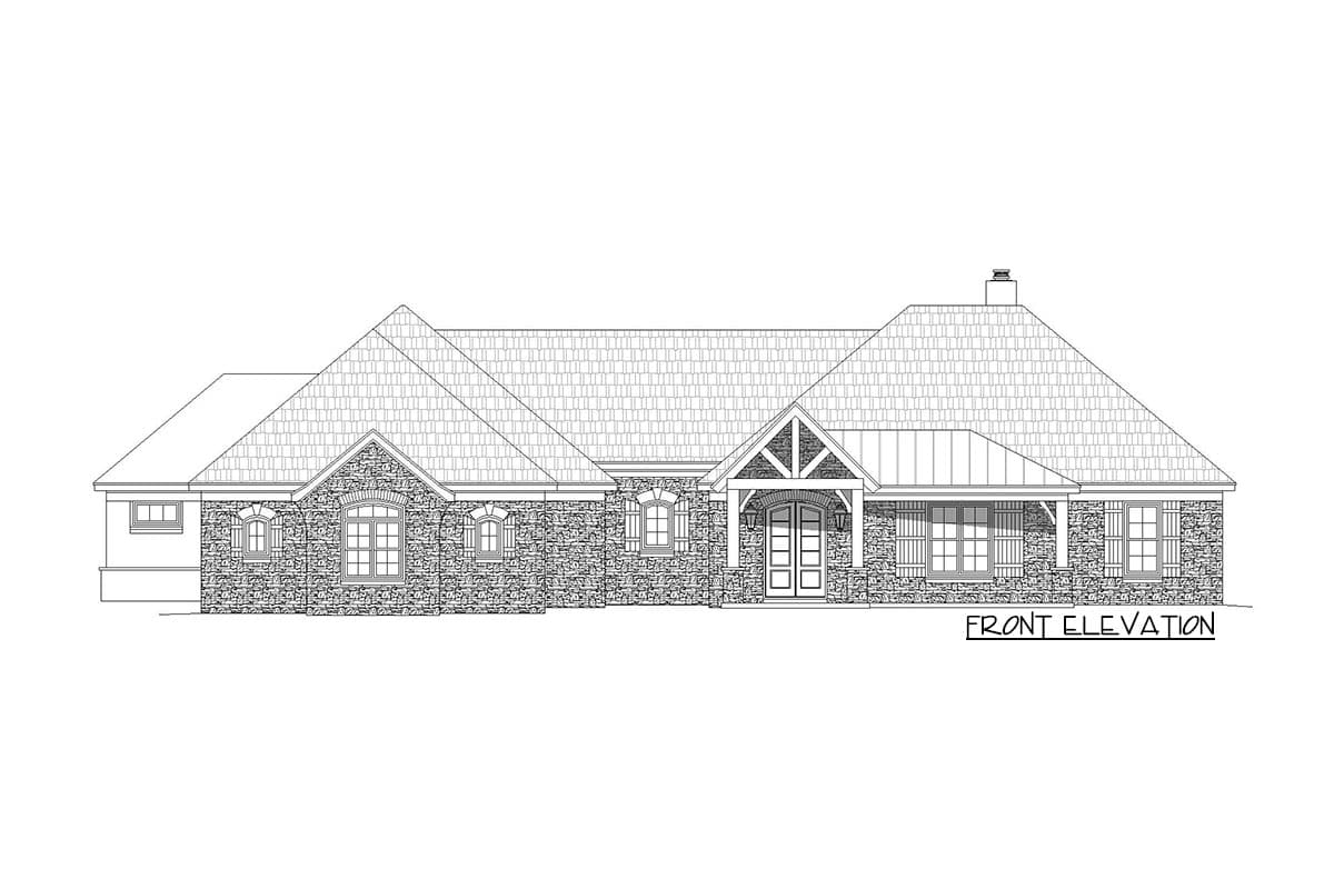 Front elevation drawing of a one-story house with stone exterior, multiple gables, and a covered entrance.